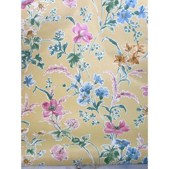Vintage Laura Ashley Poppy Meadow Wallpaper Yellow Pink 1 Double Roll NOS New